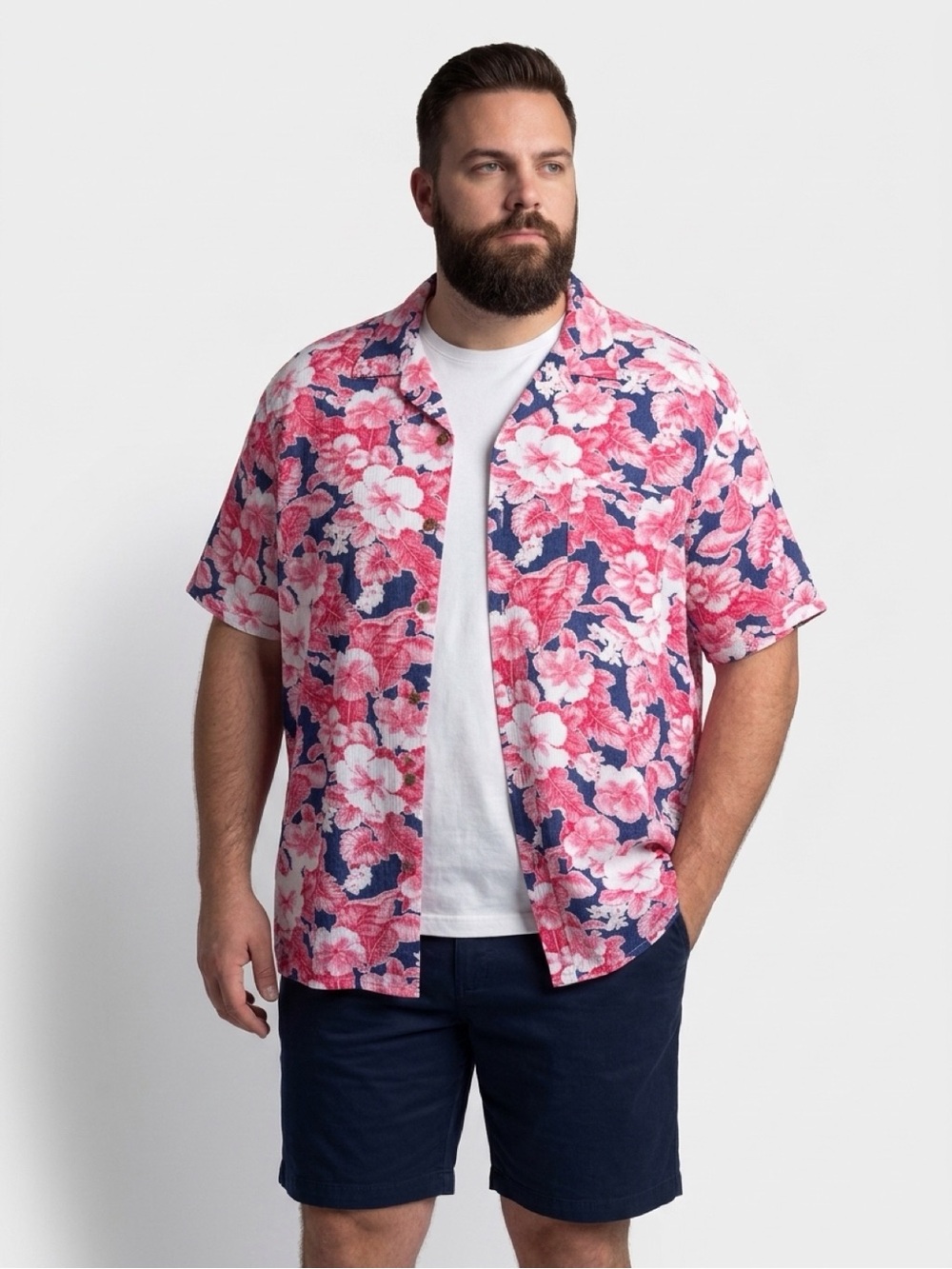 Men's Pink Floral Short-Sleeve Button-Down Shirt